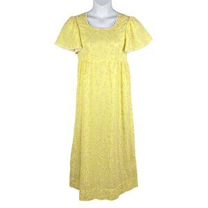 70s Yellow S Floral Textured Empire Waist Maxi Dress Flutter Sleeves Cottagecore